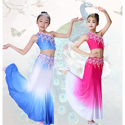Children Dai Dance Costume Girls Peacock Dance Performance dresses Children Folk Dance Practice Fishtail Skirt